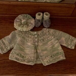 Hand-Knit Baby Sweater Set with Hat and Booties